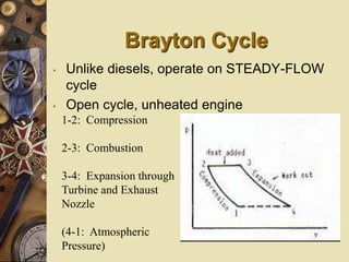 Brayton Cycle
• Unlike diesels, operate on STEADY-FLOW
cycle
• Open cycle, unheated engine
1-2: Compression
2-3: Combustion
3-4: Expansion through
Turbine and Exhaust
Nozzle
(4-1: Atmospheric
Pressure)
 