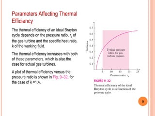 9
The thermal efficiency of an ideal Brayton
cycle depends on the pressure ratio, rp of
the gas turbine and the specific heat ratio,
k of the working fluid.
The thermal efficiency increases with both
of these parameters, which is also the
case for actual gas turbines.
A plot of thermal efficiency versus the
pressure ratio is shown in Fig. 9–32, for
the case of k =1.4.
Parameters Affecting Thermal
Efficiency
 