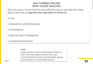 Capability Development at 412 MW Haripur Power Plant
Page 13
Over the years I found that the most effective way to ascertain the major
failure risks was to appraise the operation in terms of:
Fuel
Operations and Maintenance
Competence
Age and type of Equipment
Location/environment
Fuel
A gas turbine has the advantage of being a
true multi fuel engine and as such can
accommodate all type of combustible gases
and all types of combustible liquids.
GAS TURBINE FAILURE
ROOT CAUSE ANALYSIS
 