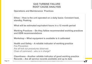 Capability Development at 412 MW Haripur Power Plant
Page 14
Ethos – How is the unit operated on a daily basis- Constant load,
standby, Peaking.
What will be estimated equivalent hours in a 12 month period
Working Practices – Do they follow recommended working practices
and OEM recommendations
Workshop – What equipment is available is it calibrated
Health and Safety – A reliable indicator of working practice
Fire Prevention
Are all lock out procedures observed
Chain of command – who is in charge?
Cleanliness - Another reliable indicator of good working practice
Records – Are all service records available and up to date
GAS TURBINE FAILURE
ROOT CAUSE ANALYSIS
Operations and Maintenance Practices
 