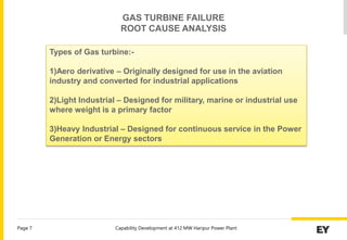 Capability Development at 412 MW Haripur Power Plant
Page 7
Types of Gas turbine:-
1)Aero derivative – Originally designed for use in the aviation
industry and converted for industrial applications
2)Light Industrial – Designed for military, marine or industrial use
where weight is a primary factor
3)Heavy Industrial – Designed for continuous service in the Power
Generation or Energy sectors
GAS TURBINE FAILURE
ROOT CAUSE ANALYSIS
 
