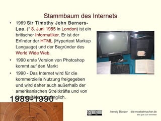 Stammbaum des Internets 1989  Sir Timothy John Berners-Lee , (*  8. Juni   1955  in  London ) ist ein britischer  Informatiker . Er ist der Erfinder der  HTML  (Hypertext Markup Language) und der Begründer des  World Wide Web .  1990 erste Version von Photoshop kommt auf den Markt 1990 - Das Internet wird für die kommerzielle Nutzung freigegeben und wird daher auch außerhalb der amerikanischen Streitkräfte und von Universitäten zugänglich.  1989-1990 