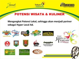 POTENSI WISATA & KULINER

Mengangkat Potensi Lokal, sehingga akan menjadi partner
sebagai Hyper Local Ad.
 
