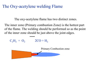 The Oxy-acetylene welding Flame
Primary Combustion zone
The oxy-acetylene flame has two distinct zones.
The inner zone (Primary combustion Zone) is the hottest part
of the flame. The welding should be performed so as the point
of the inner zone should be just above the joint edges.
C2H2 + O2 2CO + H2
 