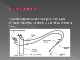 • Separate cylinders and a hose pipe from each
cylinder transports the gases to a torch as shown in
figure.
 