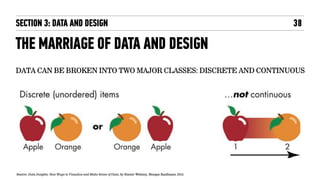 THE MARRIAGE OF DATA AND DESIGN
DATA CAN BE BROKEN INTO TWO MAJOR CLASSES: DISCRETE AND CONTINUOUS
38
Source: Data Insights: New Ways to Visualize and Make Sense of Data, by Hunter Whitney, Morgan Kaufmann; 2012."
SECTION 3: DATA AND DESIGN
 