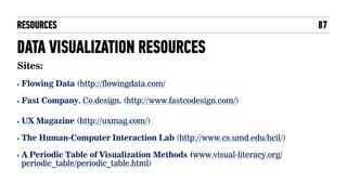 DATA VISUALIZATION RESOURCES
RESOURCES
‣ Flowing Data (http://flowingdata.com/
‣ Fast Company. Co.design. (http://www.fastcodesign.com/)
‣ UX Magazine (http://uxmag.com/)
‣ The Human-Computer Interaction Lab (http://www.cs.umd.edu/hcil/)
‣ A Periodic Table of Visualization Methods (www.visual-literacy.org/
periodic_table/periodic_table.html)
Sites:
87
 