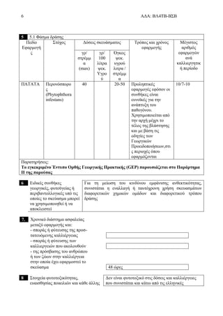 6 ΑΔΑ: ΒΛ4ΤΒ-ΒΣΒ
5 5.1 Φάσμα δράσης
Πεδίο
Εφαρμογή
ς
Στόχος Δόσεις σκευάσματος Τρόπος και χρόνος
εφαρμογής
Μέγιστος
αριθμός
εφαρμογών
ανά
καλλιεργητικ
ή περίοδο
γρ/
στρέμμ
α
(max)
γρ/
100
λίτρα
ψεκ.
Υγρο
ύ
Όγκος
ψεκ.
υγρού
λιτρα /
στρέμμ
α
ΠΑΤΑΤΑ Περονόσπορο
ς
(Phytophthora
infestans)
40 20-50 Προληπτικές
εφαρμογές εφόσον οι
συνθήκες είναι
ευνοϊκές για την
ανάπτυξη του
παθογόνου.
Χρησιμοποιείται από
την αρχή μέχρι το
τέλος της βλάστησης
και με βάση τις
οδηγίες των
Γεωργικών
Προειδοποιήσεων,στι
ς περιοχές όπου
εφαρμόζονται
10/7-10
Παρατηρήσεις:
Το εγκεκριμένο Έντυπο Ορθής Γεωργικής Πρακτικής (GEP) παρουσιάζεται στο Παράρτημα
ΙΙ της παρούσας
6 Ειδικές συνθήκες
γεωργικές, φυτοϋγείας ή
περιβαντολλογικές υπό τις
οποίες το σκεύασμα μπορεί
να χρησιμοποιηθεί ή να
αποκλειστεί
Για τη μείωση του κινδύνου εμφάνισης ανθεκτικότητας,
συνιστάται η εναλλαγή ή ταυτόχρονη χρήση σκευασμάτων
διαφορετικών χημικών ομάδων και διαφορετικού τρόπου
δράσης
7. Χρονικό διάστημα ασφαλείας
μεταξύ εφαρμογής και:
- σποράς ή φύτευσης της προσ-
τατευόμενης καλλιέργειας
- σποράς ή φύτευσης των
καλλιεργειών που ακολουθούν
- της πρόσβασης του ανθρώπου
ή των ζώων στην καλλιέργεια
στην οποία έχει εφαρμοστεί το
σκεύασμα 48 ώρες
8 Στοιχεία φυτοτοξικότητας,
ευαισθησίας ποικιλιών και κάθε άλλης
Δεν είναι φυτοτοξικό στις δόσεις και καλλιέργειες
που συνιστάται και κάτω από τις ελληνικές
 