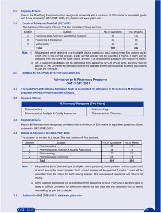 2.3   Eligibility Criteria:
      Pass in the Qualifying Examination from recognized university with a minimum of 50% marks or equivalent grade
      and Score obtained in GAT (PGT) 2013. For details visit www.gitam.edu

2.4    Details of Admission Test GAT (PGT) 2013:
       The duration of the test is 2 hours. The test consists of three sections.
         Section                                Subject                             No. of Questions       No. of Marks
            A        Numerical Data Analysis / Quantitative Analysis                       40                   120
            B        Reasoning & Intelligence                                              30                    90
            C        Verbal Ability                                                        30                    90
                      Total                                                               100                   300
       Note:    i)   All questions are of objective type (multiple choice questions), each question has four options out of
                     which one is the correct answer. Each correct answer will be awarded 3 marks. 1 mark will be
                     deducted from the score for each wrong answer. The unanswered questions will receive nil marks.
                ii) GATE qualified candidates will be exempted from appearing for GAT (PGT) 2013, but they need to
                    apply to GITAM University for admission before the last date and the candidate has to attend counselling
                    as per the schedule.
2.5    Syllabus for GAT (PGT) 2013: visit www.gitam.edu

                                      Admission to M.Pharmacy Programs
                                              GAT (PGP) 2013
3.1   The GAT(PGP)-2013 (Online Admission Test) is conducted for admission to the following M.Pharmacy
      programs offered at Visakhapatnam Campus.

3.2   Courses Offered:

                                           M.Pharmacy Programs (Two Years)
          Pharmaceutics                                                 Pharmacology
          Pharmaceutical Analysis & Quality Assurance                   Pharmaceutical Chemistry

3.3   Eligibility Criteria:
      Pass in B.Pharmacy from recognized university with a minimum of 50% marks or equivalent grade and Score
      obtained in GAT (PGP) 2013.
3.4   Details of Admission Test GAT (PGP) 2013:
      The duration of the test is 2 hours. The test consists of four sections.

          Section                      Subject                                     No. of Questions    No. of Marks
            A            Pharmaceutics                                                     25               75
            B            Pharmaceutical Analysis & Quality Assurance                       25               75
            C            Pharmacology                                                      25               75
            D            Pharmaceutical Chemistry                                          25               75
                         Total                                                            100              300

       Note:    i)   All questions are of objective type (multiple choice questions), each question has four options out
                     of which one is the correct answer. Each correct answer will be awarded 3 marks. 1 mark will be
                     deducted from the score for each wrong answer. The unanswered questions will receive nil
                     marks.

                ii) GPAT qualified candidates will be exempted from appearing for GAT (PGP) 2013, but they need to
                     apply to GITAM University for admission before the last date and the candidate has to attend
                     counselling as per the schedule.

3.5    Syllabus for GAT (PGP) 2013 : Visit www.gitam.edu
 