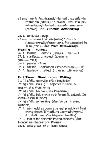 อธิ บ าย การล้อเลียน (travesty) คือการเลียนแบบเพื่อสร้าง
       ความขับขัน (ridicule) เปรียบเทียบ ได้กับการเปลอม
       แปลง (forgery) คือการเลียนแบบเพื่อการหลอกลวง
       (deceive) – เรื่อง Function Relationship

25. 1. conductor : train
อธิ บ าย เราพบคนเดินตั๋วหนัง (usher) ในโรงหนัง
         (theater) เช่นเดียวกับพบคนตรวจตั๋ว (conductor) ใน
         รถไฟ (train) – เรื่อง Place Relationship
Meaning in context
26. 1. tenable…….distorts (มีเหตุผล......บิดเบือน)
27. 3. manifests…….protect (แสดงความ
รู้สึก......ปกป้อง)
.٢٨ ٤. peculiar (พิกล)
.٢٩ ٤. agenda…...adjourned (วาระการประชุม......ยุติ)
.٣٠ ٣. legislation……affect (กฎหมาย......มีผลกระทบ)

Part Three : Structure and Writing
31. (٢) แก้เป็น supervise (เรื่อง Parallelism)
.٣٢ ٢)) แก้เป็น main (เป็น adjective ไปขยายนาม
reason : เรื่อง Word Form)
.٣٣ ٤)) แก้เป็น flexible (เรื่อง Parallelism)
.٣٤ ٣)) แก้เป็น belt (เพราะ verb ที่ตามมาคือ extends เป็น
เอกพจน์ : เรื่อง Number)
.٣٥ ٤)) แก้เป็น confronting (เรื่อง Verbal : Present
Participle)
.٣٦ ٢. we should lay down a general principle (ผู้ที่จะทำา
       อาการ discuss ได้ควรเป็นคน และควรเป็นพหูพจน์
       ด้วย ซึ่งก็คือ we : เรื่อง Misplaced Modifier)
.٣٧ ٣. that of the domestic trading company (เรื่อง
Pronoun และ Prepositional Phrase)
38. 3. what grows (เรื่อง Noun Clause)
 