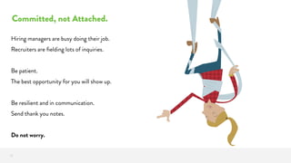 Committed, not Attached.
25
Hiring managers are busy doing their job.
Recruiters are ﬁelding lots of inquiries.
Be patient.
The best opportunity for you will show up.
Be resilient and in communication.
Send thank you notes.
Do not worry.
 