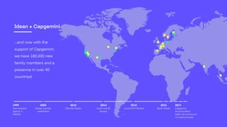 …and now with the
support of Capgemini,
we have 180,000 new
family members and a
presence in over 40
countries!
Idean + Capgemini
2002
Design practice
established
2014
Austin and SF
Studios
2015
LA and NYC Studios
2012
Palo Alto Studio
1999
User research
agency in
Helsinki
2016
Berlin Studio
2017
Capgemini 
Acquires Idean; 
Idean will continue to 
run autonomously
 