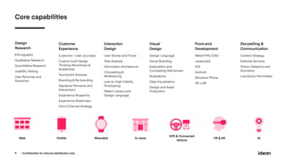 Core capabilities
9
Ethnography
Qualitative Research
Quantitative Research
Usability Testing
User Personas and
Scenarios
Customer / User Journeys
Custom-built Design
Thinking Workshops &
Academies
Touchpoint Analysis
Branding & Re-branding
Signature Moments and
Interactions
Experience Blueprints
Experience Roadmaps
Omni-Channel Strategy
User Stories and Flows
Task Analysis
Information Architecture
Concepting &
Wireframing
Low-to-High-Fidelity
Prototyping
Pattern Library and
Design Language
Design Language
Visual Branding
Exploration and
Concepting Reﬁnement
Illustrations
Data Visualization
Design and Asset
Production
Web(HTML/CSS/
Javascript)
iOS
Android
Windows Phone
VR + AR
Content Strategy
Editorial Services
Motion Graphics and
Animation
Live Action Film/Video
Storytelling &
Communication
Front-end
Development
Visual
Design
Interaction
Design
Customer
Experience
Design
Research
Web Mobile Wearable In-store
HMI & Connected
Vehicle
VR & AR AI
Conﬁdential: for internal distribution only
 