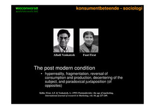 sociala medier                                konsumentbeteende - sociologi




                      Alladi Venkatesh               Fuat Firat



    The post modern condition
         • hyperreality, fragmentation, reversal of
           consumption and production, decentering of the
           subject, and paradoxical juxtaposition (of
           opposites)
        Källa: Firat, A.F. & Venkatesh, A. (1993) Postmodernity: the age of marketing,
              International Journal of research in Marketing, vol. 10, pp 227-249.
 