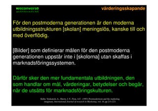 sociala medier                                                             värderingsskapande


För den postmoderna generationen är den moderna
utbildningsstrukturen [skolan] meningslös, kanske till och
med överflödig.

[Bilder] som definierar målen för den postmoderna
generationen uppstår inte i [skolorna] utan skaffas i
marknadsföringssystemen.

Därför sker den mer fundamentala utbildningen, den
som handlar om mål, värderingar, betydelser och begär,
när de utsätts för marknadsföringskulturen.
              Källa: Venkatesh, A., Sherry, J. F., Firat, A.F. (1993) Postmodernism and the marketing
                 imaginary, International Journal of research in Marketing, vol. 10, pp 215-223.
 