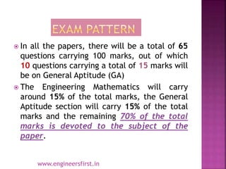  In all the papers, there will be a total of 65
questions carrying 100 marks, out of which
10 questions carrying a total of 15 marks will
be on General Aptitude (GA)
 The Engineering Mathematics will carry
around 15% of the total marks, the General
Aptitude section will carry 15% of the total
marks and the remaining 70% of the total
marks is devoted to the subject of the
paper.
www.engineersfirst.in
 