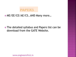  ME/EE/CE/AE/CS..AND Many more…
 The detailed syllabus and Papers list can be
download from the GATE Website.
www.engineersfirst.in
 