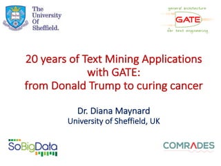 20	years	of	Text	Mining	Applications	
with	GATE:	
from	Donald	Trump	to	curing	cancer
Dr.	Diana	Maynard
University	of	Sheffield,	UK
 