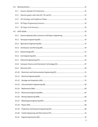 4.4	
   Marking	
  Scheme	
  ...........................................................................................................................	
  31	
  

    4.4.1	
   General Aptitude (GA) Questions	
  .........................................................................................	
  31	
  

    4.4.2	
   Question papers other than GG, XE and XL	
  .........................................................................	
  31	
  

    4.4.3	
   GG (Geology and Geophysics) Paper	
  
                                               ....................................................................................	
  32	
  

    4.4.4	
   XE Paper (Engineering Sciences)	
  
                                             ..........................................................................................	
  32	
  

    4.4.5	
   XL Paper (Life Sciences)	
  ......................................................................................................	
  32	
  

4.5	
   GATE	
  Syllabi	
  ..................................................................................................................................	
  33	
  

    4.5.1	
   General	
  Aptitude	
  (GA):	
  Common	
  to	
  All	
  Papers	
  Engineering	
  .................................................	
  33	
  

    4.5.2	
   Aerospace	
  Engineering	
  (AE)	
  ..................................................................................................	
  35	
  

    4.5.3	
   Agricultural	
  Engineering	
  (AG)	
  ................................................................................................	
  37	
  

    4.5.4	
   Architecture	
  and	
  Planning	
  (AR)	
  .............................................................................................	
  39	
  

    4.5.5	
   Biotechnology	
  (BT)	
  ................................................................................................................	
  41	
  

    4.5.6	
   Civil	
  Engineering	
  (CE)	
  .............................................................................................................	
  43	
  

    4.5.7	
   Chemical	
  Engineering	
  (CH)	
  ....................................................................................................	
  45	
  

    4.5.8	
   Computer	
  Science	
  and	
  Information	
  Technology	
  (CS)	
  ............................................................	
  47	
  

    4.5.9	
   Chemistry	
  (CY)	
  .......................................................................................................................	
  49	
  

    4.5.10	
   Electronics	
  and	
  Communication	
  Engineering	
  (EC)	
  ..............................................................	
  51	
  

    4.5.11	
   Electrical	
  Engineering	
  (EE)	
  ...................................................................................................	
  53	
  

    4.5.12	
   Geology	
  and	
  Geophysics	
  (GG)	
  .............................................................................................	
  55	
  

    4.5.13	
   Instrumentation	
  Engineering	
  (IN)	
  
                                                     ........................................................................................	
  58	
  

    4.5.14	
   Mathematics	
  (MA)	
  ..............................................................................................................	
  60	
  

    4.5.15	
   Mechanical	
  Engineering	
  (ME)	
  
                                                ..............................................................................................	
  62	
  

    4.5.16	
   Mining	
  Engineering	
  (MN)	
  ....................................................................................................	
  64	
  

    4.5.17	
   Metallurgical	
  Engineering	
  (MT)	
  ...........................................................................................	
  66	
  

    4.5.18	
   Physics	
  (PH)	
  .........................................................................................................................	
  68	
  

    4.5.19	
   Production	
  and	
  Industrial	
  Engineering	
  (PI)	
  
                                                                     ..........................................................................	
  69	
  

    4.5.20	
   Textile	
  Engineering	
  and	
  Fibre	
  Science	
  (TF)	
  ..........................................................................	
  72	
  

    4.5.21	
   Engineering	
  Sciences	
  (XE)	
  ....................................................................................................	
  74	
  
                                                                                                                                                                    2	
  
 