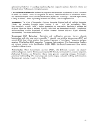 optimization; Production of secondary metabolites by plant suspension cultures; Hairy root cultures and
their cultivation. Techniques in raising transgencies.

Characteristics of animal cells: Metabolism, regulation and nutritional requirements for mass cultivation
of animal cell cultures; Kinetics of cell growth and product formation and effect of shear force; Product
and substrate transport; Micro & macro-carrier culture; Hybridoma technology; Live stock improvement;
Cloning in animals; Genetic engineering in animal cell culture; Animal cell preservation.

Immunology: The origin of immunology; Inherent immunity; Humoral and cell mediated immunity;
Primary and secondary lymphoid organ; Antigen; B and T cells and Macrophages; Major
histocompatibility complex (MHC); Antigen processing and presentation; Synthesis of antibody and
secretion; Molecular basis of antibody diversity; Polyclonal and monoclonal antibody; Complement;
Antigen-antibody reaction; Regulation of immune response; Immune tolerance; Hyper sensitivity;
Autoimmunity; Graft versus host reaction.

Recombinant DNA Technology: Restriction and modification enzymes; Vectors: plasmid,
bacteriophage and other viral vectors, cosmids, Ti plasmid, yeast artificial chromosome; cDNA and
genomic DNA library; Gene isolation; Gene cloning; Expression of cloned gene; Transposons and gene
targeting; DNA labeling; DNA sequencing; Polymerase chain reactions; DNA fingerprinting; Southern
and northern blotting; In-situ hybridization; RAPD; RFLP; Site-directed mutagenesis; Gene transfer
technologies; Gene therapy.

Bioinformatics: Major bioinformatics resources (NCBI, EBI, ExPASy); Sequence and structure
databases; Sequence analysis (biomolecular sequence file formats, scoring matrices, sequence alignment,
phylogeny); Genomics and Proteomics (Large scale genome sequencing strategies; Comparative
genomics; Understanding DNA microarrays and protein arrays); Molecular modeling and simulations
(basic concepts including concept of force fields).




                                                                                                      42	
  
 
