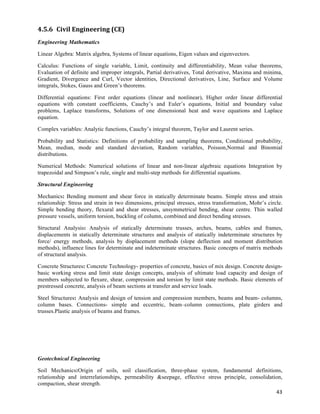 4.5.6 Civil	
  Engineering	
  (CE)	
  
Engineering Mathematics

Linear Algebra: Matrix algebra, Systems of linear equations, Eigen values and eigenvectors.

Calculus: Functions of single variable, Limit, continuity and differentiability, Mean value theorems,
Evaluation of definite and improper integrals, Partial derivatives, Total derivative, Maxima and minima,
Gradient, Divergence and Curl, Vector identities, Directional derivatives, Line, Surface and Volume
integrals, Stokes, Gauss and Green’s theorems.

Differential equations: First order equations (linear and nonlinear), Higher order linear differential
equations with constant coefficients, Cauchy’s and Euler’s equations, Initial and boundary value
problems, Laplace transforms, Solutions of one dimensional heat and wave equations and Laplace
equation.

Complex variables: Analytic functions, Cauchy’s integral theorem, Taylor and Laurent series.

Probability and Statistics: Definitions of probability and sampling theorems, Conditional probability,
Mean, median, mode and standard deviation, Random variables, Poisson,Normal and Binomial
distributions.

Numerical Methods: Numerical solutions of linear and non-linear algebraic equations Integration by
trapezoidal and Simpson’s rule, single and multi-step methods for differential equations.

Structural Engineering

Mechanics: Bending moment and shear force in statically determinate beams. Simple stress and strain
relationship: Stress and strain in two dimensions, principal stresses, stress transformation, Mohr’s circle.
Simple bending theory, flexural and shear stresses, unsymmetrical bending, shear centre. Thin walled
pressure vessels, uniform torsion, buckling of column, combined and direct bending stresses.

Structural Analysis: Analysis of statically determinate trusses, arches, beams, cables and frames,
displacements in statically determinate structures and analysis of statically indeterminate structures by
force/ energy methods, analysis by displacement methods (slope deflection and moment distribution
methods), influence lines for determinate and indeterminate structures. Basic concepts of matrix methods
of structural analysis.

Concrete Structures: Concrete Technology- properties of concrete, basics of mix design. Concrete design-
basic working stress and limit state design concepts, analysis of ultimate load capacity and design of
members subjected to flexure, shear, compression and torsion by limit state methods. Basic elements of
prestressed concrete, analysis of beam sections at transfer and service loads.

Steel Structures: Analysis and design of tension and compression members, beams and beam- columns,
column bases. Connections- simple and eccentric, beam–column connections, plate girders and
trusses.Plastic analysis of beams and frames.




Geotechnical Engineering

Soil Mechanics:Origin of soils, soil classification, three-phase system, fundamental definitions,
relationship and interrelationships, permeability &seepage, effective stress principle, consolidation,
compaction, shear strength.
                                                                                                   43	
  
 