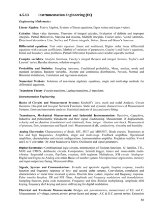 4.5.13          Instrumentation	
  Engineering	
  (IN)	
  
Engineering Mathematics

Linear Algebra: Matrix Algebra, Systems of linear equations, Eigen values and eigen vectors.

Calculus: Mean value theorems, Theorems of integral calculus, Evaluation of definite and improper
integrals, Partial Derivatives, Maxima and minima, Multiple integrals, Fourier series. Vector identities,
Directional derivatives, Line, Surface and Volume integrals, Stokes, Gauss and Green’s theorems.

Differential equations: First order equation (linear and nonlinear), Higher order linear differential
equations with constant coefficients, Method of variation of parameters, Cauchy’s and Euler’s equations,
Initial and boundary value problems, Partial Differential Equations and variable separable method.

Complex variables: Analytic functions, Cauchy’s integral theorem and integral formula, Taylor’s and
Laurent’ series, Residue theorem, solution integrals.

Probability and Statistics: Sampling theorems, Conditional probability, Mean, median, mode and
standard deviation, Random variables, Discrete and continuous distributions, Poisson, Normal and
Binomial distribution, Correlation and regression analysis.

Numerical Methods: Solutions of non-linear algebraic equations, single and multi-step methods for
differential equations.

Transform Theory: Fourier transform, Laplace transform, Z-transform.

Instrumentation Engineering

Basics of Circuits and Measurement Systems: Kirchoff’s laws, mesh and nodal Analysis. Circuit
theorems. One-port and two-port Network Functions. Static and dynamic characteristics of Measurement
Systems. Error and uncertainty analysis. Statistical analysis of data and curve fitting.

Transducers, Mechanical Measurement and Industrial Instrumentation: Resistive, Capacitive,
Inductive and piezoelectric transducers and their signal conditioning. Measurement of displacement,
velocity and acceleration (translational and rotational), force, torque, vibration and shock. Measurement
of pressure, flow, temperature and liquid level. Measurement of pH, conductivity, viscosity and humidity.

Analog Electronics: Characteristics of diode, BJT, JFET and MOSFET. Diode circuits. Transistors at
low and high frequencies, Amplifiers, single and multi-stage. Feedback amplifiers. Operational
amplifiers, characteristics and circuit configurations. Instrumentation amplifier. Precision rectifier. V-to-I
and I-to-V converter. Op-Amp based active filters. Oscillators and signal generators.

Digital Electronics: Combinational logic circuits, minimization of Boolean functions. IC families, TTL,
MOS and CMOS. Arithmetic circuits. Comparators, Schmitt trigger, timers and mono-stable multi-
vibrator. Sequential circuits, flip-flops, counters, shift registers. Multiplexer, S/H circuit. Analog-to-
Digital and Digital-to-Analog converters.Basics of number system. Microprocessor applications, memory
and input-output interfacing. Microcontrollers.

Signals, Systems and Communications: Periodic and aperiodic signals. Impulse response, transfer
function and frequency response of first- and second order systems. Convolution, correlation and
characteristics of linear time invariant systems. Discrete time system, impulse and frequency response.
Pulse transfer function. IIR and FIR filters. Amplitude and frequency modulation and demodulation.
Sampling theorem, pulse code modulation. Frequency and time division multiplexing. Amplitude shift
keying, frequency shift keying and pulse shift keying for digital modulation.

Electrical and Electronic Measurements: Bridges and potentiometers, measurement of R,L and C.
Measurements of voltage, current, power, power factor and energy. A.C & D.C current probes. Extension

                                                                                                           58	
  
 