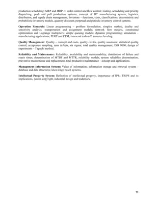 production scheduling; MRP and MRP-II; order control and flow control; routing, scheduling and priority
dispatching; push and pull production systems, concept of JIT manufacturing system; logistics,
distribution, and supply chain management; Inventory – functions, costs, classifications, deterministic and
probabilistic inventory models, quantity discount; perpetual and periodic inventory control systems.

Operation Research: Linear programming – problem formulation, simplex method, duality and
sensitivity analysis; transportation and assignment models; network flow models, constrained
optimization and Lagrange multipliers; simple queuing models; dynamic programming; simulation –
manufacturing applications; PERT and CPM, time-cost trade-off, resource leveling.

Quality Management: Quality – concept and costs, quality circles, quality assurance; statistical quality
control, acceptance sampling, zero defects, six sigma; total quality management; ISO 9000; design of
experiments – Taguchi method.

Reliability and Maintenance: Reliability, availability and maintainability; distribution of failure and
repair times; determination of MTBF and MTTR, reliability models; system reliability determination;
preventive maintenance and replacement, total productive maintenance – concept and applications.

Management Information System: Value of information; information storage and retrieval system –
database and data structures; knowledge based systems.

Intellectual Property System: Definition of intellectual property, importance of IPR; TRIPS and its
implications, patent, copyright, industrial design and trademark.




                                                                                                        71	
  
 