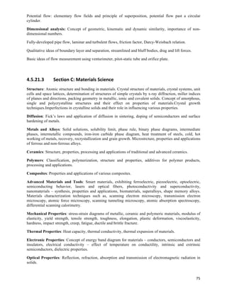 Potential flow: elementary flow fields and principle of superposition, potential flow past a circular
cylinder.

Dimensional analysis: Concept of geometric, kinematic and dynamic similarity, importance of non-
dimensional numbers.

Fully-developed pipe flow, laminar and turbulent flows, friction factor, Darcy-Weisbach relation.

Qualitative ideas of boundary layer and separation, streamlined and bluff bodies, drag and lift forces.

Basic ideas of flow measurement using venturimeter, pitot-static tube and orifice plate.




4.5.21.3        Section	
  C:	
  Materials	
  Science	
  
Structure: Atomic structure and bonding in materials. Crystal structure of materials, crystal systems, unit
cells and space lattices, determination of structures of simple crystals by x-ray diffraction, miller indices
of planes and directions, packing geometry in metallic, ionic and covalent solids. Concept of amorphous,
single and polycrystalline structures and their effect on properties of materials.Crystal growth
techniques.Imperfections in crystalline solids and their role in influencing various properties.

Diffusion: Fick’s laws and application of diffusion in sintering, doping of semiconductors and surface
hardening of metals.

Metals and Alloys: Solid solutions, solubility limit, phase rule, binary phase diagrams, intermediate
phases, intermetallic compounds, iron-iron carbide phase diagram, heat treatment of steels, cold, hot
working of metals, recovery, recrystallization and grain growth. Microstrcture, properties and applications
of ferrous and non-ferrous alloys.

Ceramics: Structure, properties, processing and applications of traditional and advanced ceramics.

Polymers: Classification, polymerization, structure and properties, additives for polymer products,
processing and applications.

Composites: Properties and applications of various composites.

Advanced Materials and Tools: Smart materials, exhibiting ferroelectric, piezoelectric, optoelectric,
semiconducting behavior, lasers and optical fibers, photoconductivity and superconductivity,
nanomaterials – synthesis, properties and applications, biomaterials, superalloys, shape memory alloys.
Materials characterization techniques such as, scanning electron microscopy, transmission electron
microscopy, atomic force microscopy, scanning tunneling microscopy, atomic absorption spectroscopy,
differential scanning calorimetry.

Mechanical Properties: stress-strain diagrams of metallic, ceramic and polymeric materials, modulus of
elasticity, yield strength, tensile strength, toughness, elongation, plastic deformation, viscoelasticity,
hardness, impact strength, creep, fatigue, ductile and brittle fracture.

Thermal Properties: Heat capacity, thermal conductivity, thermal expansion of materials.

Electronic Properties: Concept of energy band diagram for materials – conductors, semiconductors and
insulators, electrical conductivity – effect of temperature on conductility, intrinsic and extrinsic
semiconductors, dielectric properties.

Optical Properties: Reflection, refraction, absorption and transmission of electromagnetic radiation in
solids.


                                                                                                          75	
  
 