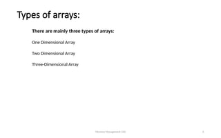 Types of arrays:
Memory Management (16) 6
There are mainly three types of arrays:
One Dimensional Array
Two Dimensional Array
Three-Dimensional Array
 