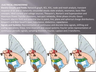 ELECTRICAL ENGINEERING
Electric Circuits and Fields: Network graph, KCL, KVL, node and mesh analysis, transient
response of dc and ac networks; sinusoidal steady-state analysis, resonance, basic filter
concepts; ideal current and voltage sources, Thevenin’s, Norton’s and Superposition and
Maximum Power Transfer theorems, two-port networks, three phase circuits; Gauss
Theorem, electric field and potential due to point, line, plane and spherical charge distributions;
Ampere’s and Biot-Savart’s laws; inductance; dielectrics; capacitance.
Signals and Systems: Representation of continuous and discrete-time signals; shifting and
scaling operations; linear, time-invariant and causal systems; Fourier series representation of
continuous periodic signals; sampling theorem; Fourier, Laplace and Z transforms.

 