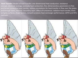Heat-Transfer: Modes of heat transfer; one dimensional heat conduction, resistance
concept, electrical analogy, unsteady heat conduction, fins; dimensionless parameters in free
and forced convective heat transfer, various correlations for heat transfer in flow over flat plates
and through pipes; thermal boundary layer; effect of turbulence; radiative heat transfer, black
and grey surfaces, shape factors, network analysis; heat exchanger performance, LMTD and NTU
methods.

 