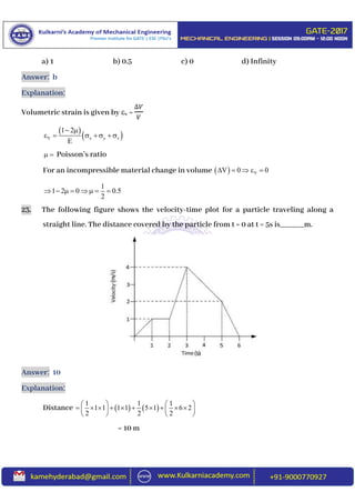 a) 1 b) 0.5 c) 0 d) Infinity
Answer: b
Explanation:
Volumetric strain is given by v =
∆𝑉
𝑉
 
 V x y z
1 2
E
 
      
  Poisson’s ratio
For an incompressible material change in volume   VV 0 0    
1
1 2 0 0.5
2
       
23. The following figure shows the velocity-time plot for a particle traveling along a
straight line. The distance covered by the particle from t = 0 at t = 5s is______m.
Answer: 10
Explanation:
Distance    
1 1 1
1 1 1 1 5 1 6 2
2 2 2
   
            
   
= 10 m
 