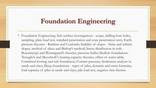 Foundation Engineering
• Foundation Engineering: Sub-surface investigations - scope, drilling bore holes,
sampling, plate load test, standard penetration and cone penetration tests; Earth
pressure theories - Rankine and Coulomb; Stability of slopes - finite and infinite
slopes, method of slices and Bishop’s method; Stress distribution in soils -
Boussinesq’s and Westergaard’s theories, pressure bulbs; Shallow foundations -
Terzaghi’s and Meyerhoff’s bearing capacity theories, effect of water table;
Combined footing and raft foundation; Contact pressure; Settlement analysis in
sands and clays; Deep foundations - types of piles, dynamic and static formulae,
load capacity of piles in sands and clays, pile load test, negative skin friction
 