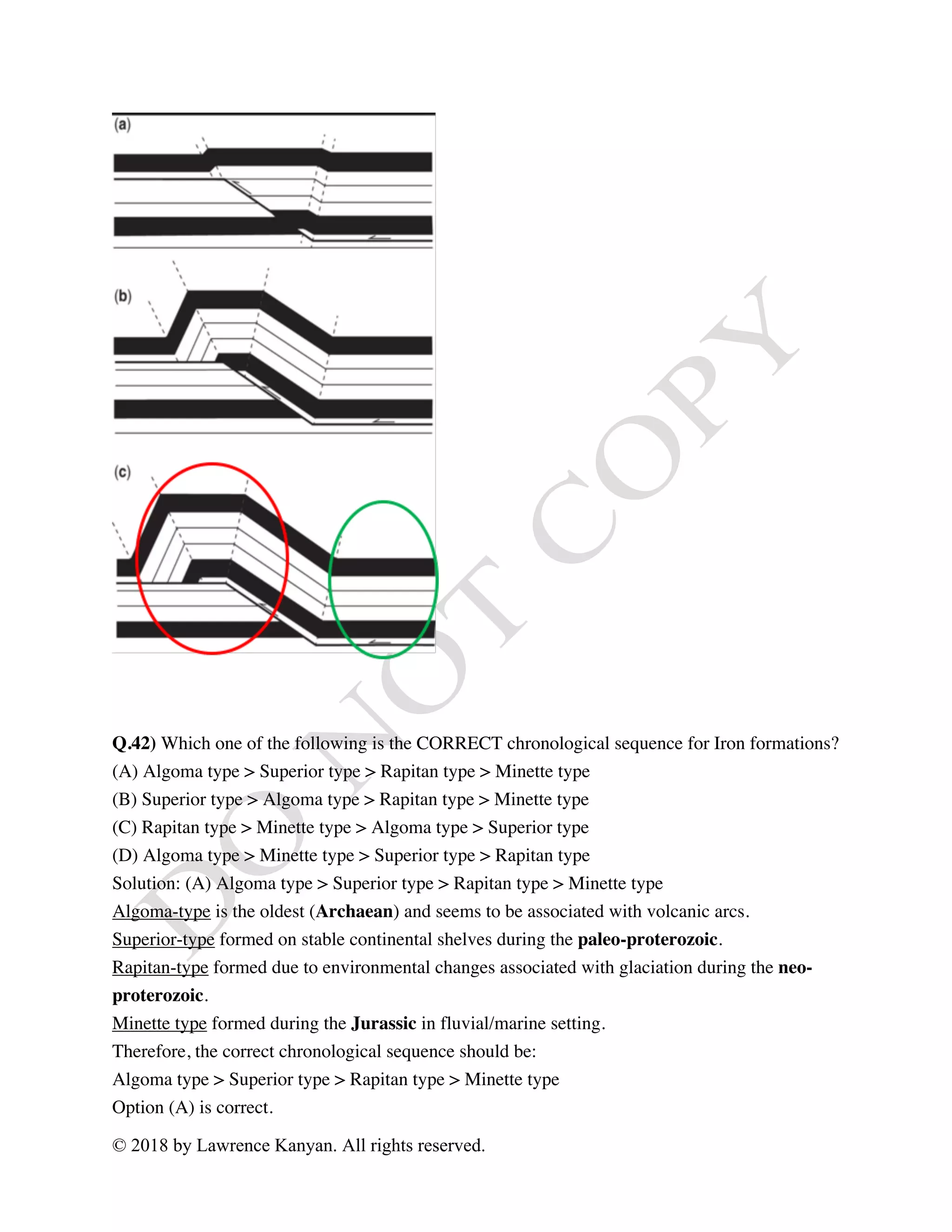 © 2018 by Lawrence Kanyan. All rights reserved.
Q.42) Which one of the following is the CORRECT chronological sequence for Iron formations?
(A) Algoma type > Superior type > Rapitan type > Minette type
(B) Superior type > Algoma type > Rapitan type > Minette type
(C) Rapitan type > Minette type > Algoma type > Superior type
(D) Algoma type > Minette type > Superior type > Rapitan type
Solution: (A) Algoma type > Superior type > Rapitan type > Minette type
Algoma-type is the oldest (Archaean) and seems to be associated with volcanic arcs.
Superior-type formed on stable continental shelves during the paleo-proterozoic.
Rapitan-type formed due to environmental changes associated with glaciation during the neo-
proterozoic.
Minette type formed during the Jurassic in fluvial/marine setting.
Therefore, the correct chronological sequence should be:
Algoma type > Superior type > Rapitan type > Minette type
Option (A) is correct.
 