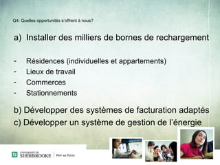 Q4: Quelles opportunités s’offrent à nous?



a) Installer des milliers de bornes de rechargement

-     Résidences (individuelles et appartements)
-     Lieux de travail
-     Commerces
-     Stationnements

b) Développer des systèmes de facturation adaptés
c) Développer un système de gestion de l’énergie
 