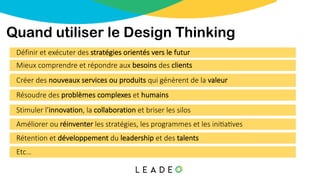 Quand utiliser le Design Thinking
Définir et exécuter des stratégies orientés vers le futur
Améliorer ou réinventer les stratégies, les programmes et les ini8a8ves
Résoudre des problèmes complexes et humains
Stimuler l’innovation, la collaboration et briser les silos
Créer des nouveaux services ou produits qui génèrent de la valeur
Mieux comprendre et répondre aux besoins des clients
Rétention et développement du leadership et des talents
Etc…
 