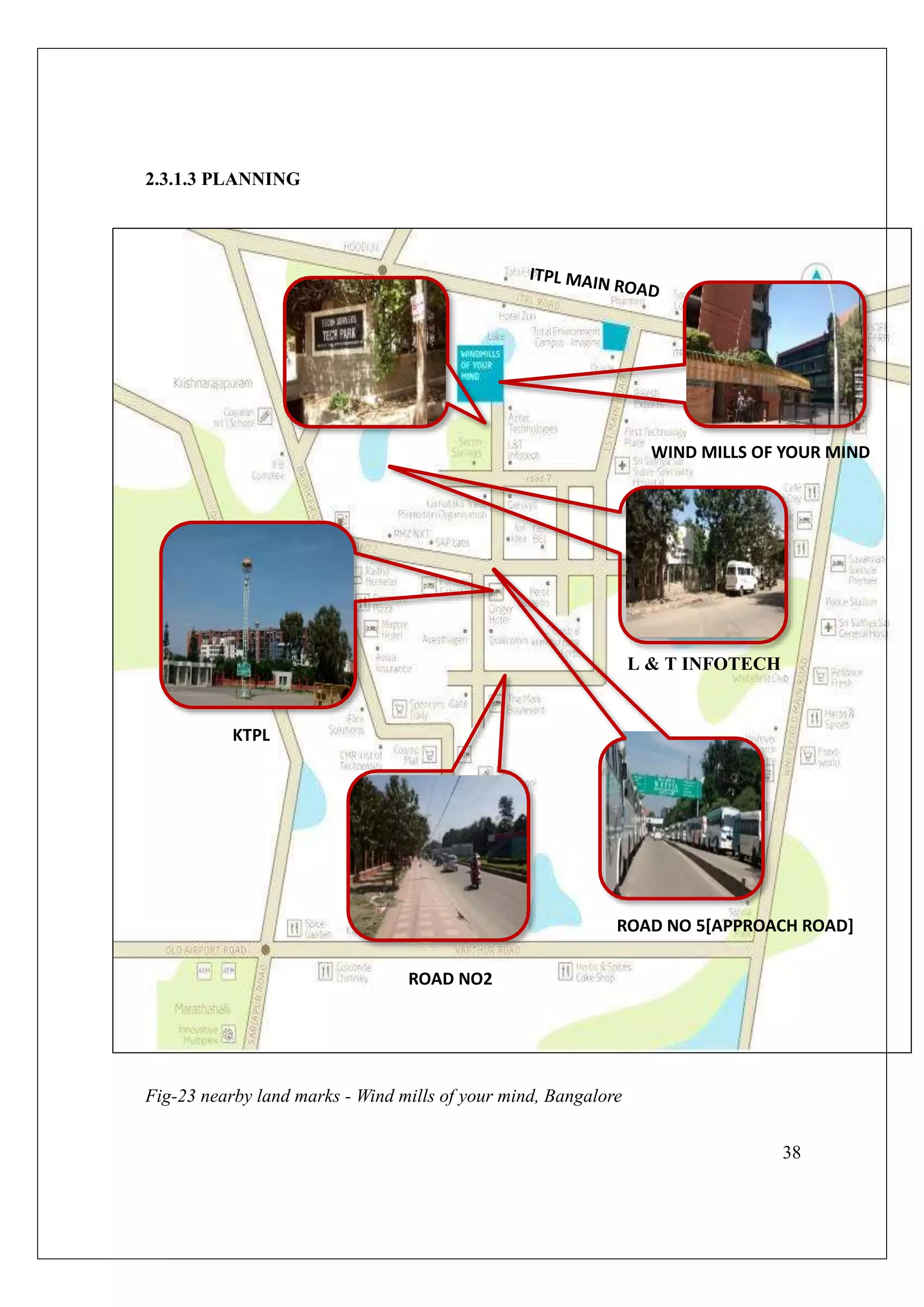 38
2.3.1.3 PLANNING
Fig-5 Adjacent Landmarks for Wind mills of your mind, Bangalore
2.3.1.2 Features
FEATURES:
Fig-4 nearby land marks - Wind mills of your mind, Bangalore
Fig-23 nearby land marks - Wind mills of your mind, Bangalore
ROAD NO 5[APPROACH ROAD]
KTPL
ROAD NO2
WIND MILLS OF YOUR MIND
L & T INFOTECH
 