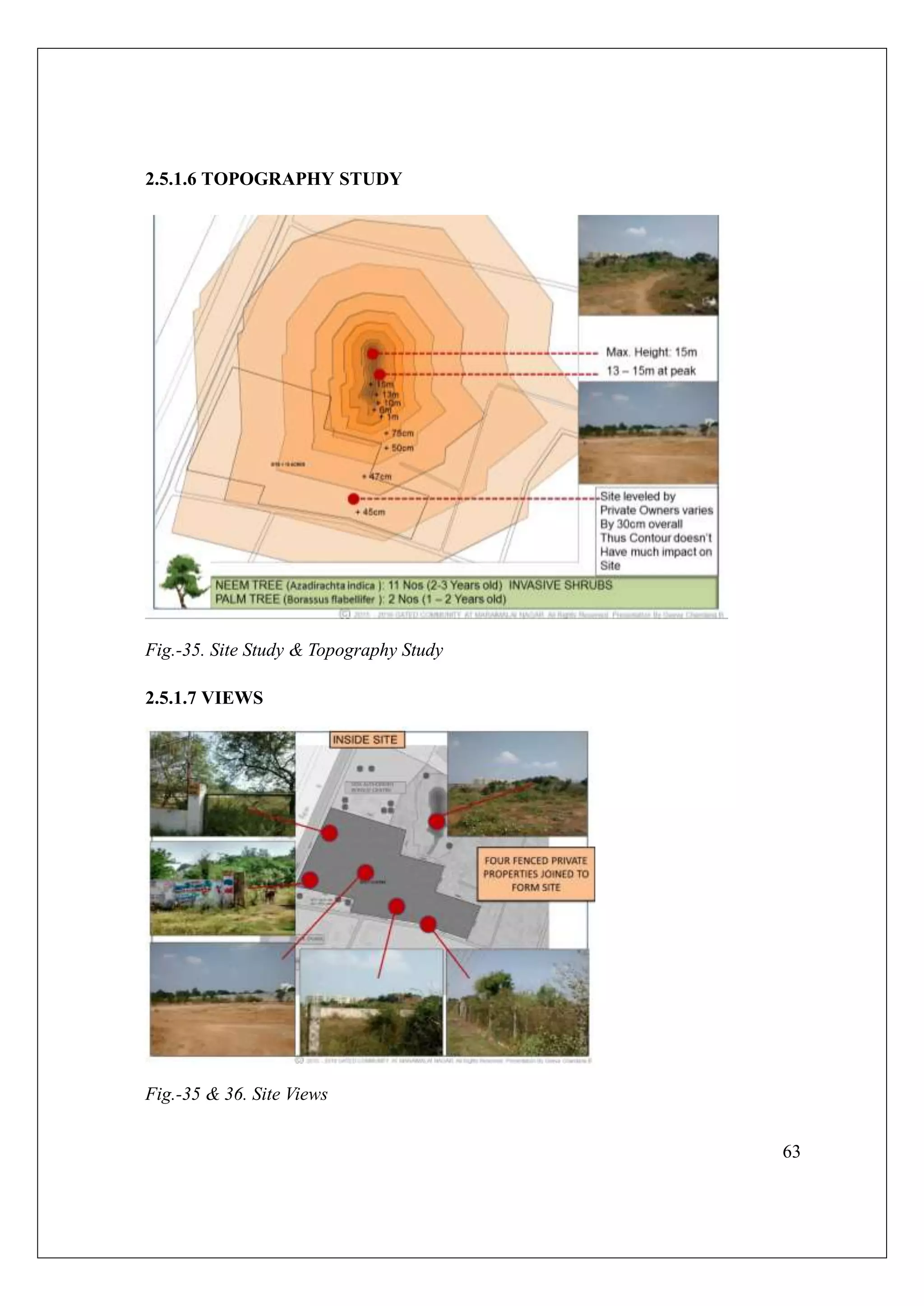 63
2.5.1.6 TOPOGRAPHY STUDY
Fig.-35. Site Study & Topography Study
2.5.1.7 VIEWS
Fig.-35 & 36. Site Views
 