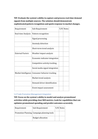 TIP: Evaluate the system's ability to capture and process real-time demand
signals from multiple sources. The solution should demonstrate
sophisticated pattern recognition and quick response to market changes.
Requirement Sub-Requirement Y/N Notes
Real-time Analysis Pattern recognition
Signal processing
Anomaly detection
Short-term trend analysis
External Factors Weather impact analysis
Economic indicator integration
Competitive activity tracking
Social media signal integration
Market Intelligence Consumer behavior tracking
Market trend analysis
Demand driver identification
Event impact assessment
5.4 Trade Promotion Management Integration
TIP: Focus on the system's ability to model and analyze promotional
activities while providing clear ROI metrics. Look for capabilities that can
optimize promotional spending and predict outcomes accurately.
Requirement Sub-Requirement Y/N Notes
Promotion Planning Campaign planning tools
Budget allocation
 