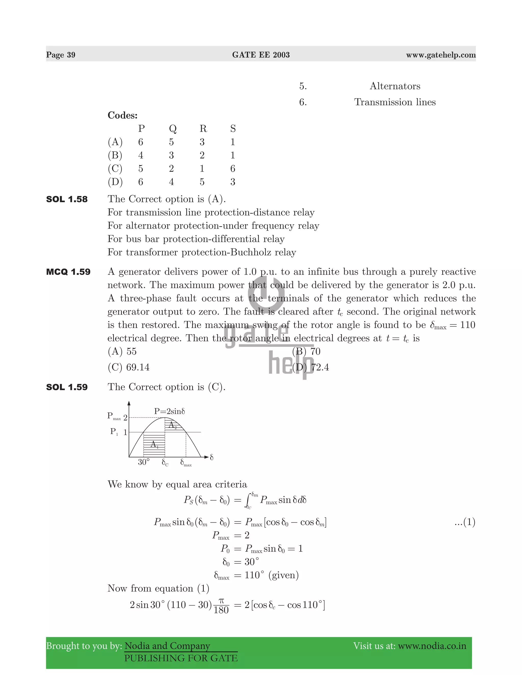 Page 39 GATE EE 2003 www.gatehelp.com
Brought to you by: Nodia and Company Visit us at: www.nodia.co.in
PUBLISHING FOR GATE
5. Alternators
6. Transmission lines
Codes:
P Q R S
(A) 6 5 3 1
(B) 4 3 2 1
(C) 5 2 1 6
(D) 6 4 5 3
SOL 1.58 The Correct option is (A).
For transmission line protection-distance relay
For alternator protection-under frequency relay
For bus bar protection-differential relay
For transformer protection-Buchholz relay
MCQ 1.59 A generator delivers power of 1.0 p.u. to an infinite bus through a purely reactive
network. The maximum power that could be delivered by the generator is 2.0 p.u.
A three-phase fault occurs at the terminals of the generator which reduces the
generator output to zero. The fault is cleared after tc second. The original network
is then restored. The maximum swing of the rotor angle is found to be 110maxδ =
electrical degree. Then the rotor angle in electrical degrees at t tc= is
(A) 55 (B) 70
(C) 69.14 (D) 72.4
SOL 1.59 The Correct option is (C).
We know by equal area criteria
( )PS m 0δ δ− sinP dmax
C
m
δ δ=
δ
δ
#
( )sinPmax m0 0δ δ δ− [ ]cos cosPmax m0δ δ= − ...(1)
Pmax 2=
P0 sinP 1max 0δ= =
0δ 30c=
maxδ 110c= (given)
Now from equation (1)
( )sin2 30 110 30
180
c π− [ ]cos cos2 110c cδ= −
 