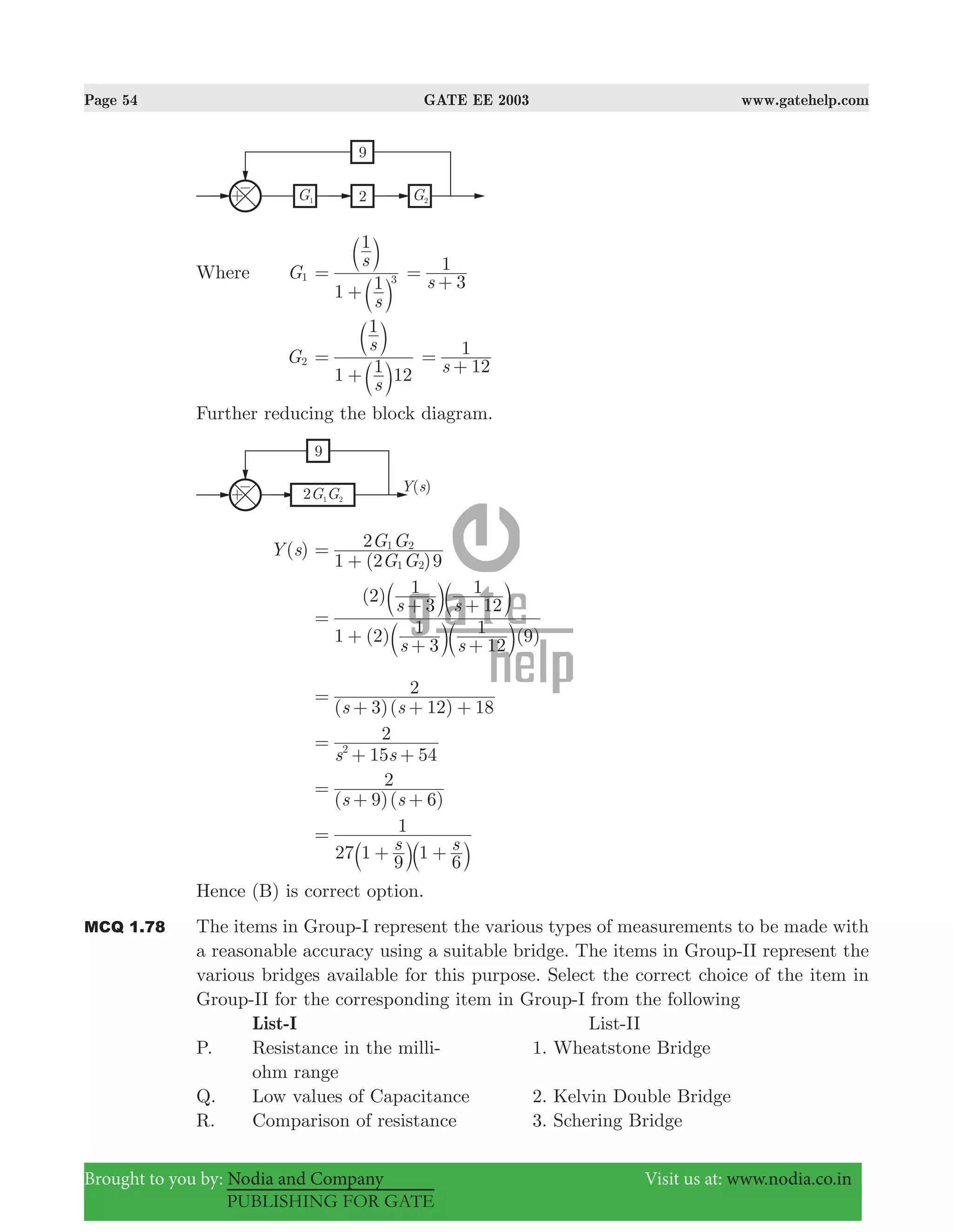 Page 54 GATE EE 2003 www.gatehelp.com
Brought to you by: Nodia and Company Visit us at: www.nodia.co.in
PUBLISHING FOR GATE
Where G1
s
s
1 1
1
3=
+b
b
l
l
s 3
1=
+
G2
s
s
1 1 12
1
=
+b
b
l
l
s 12
1=
+
Further reducing the block diagram.
( )Y s
( )G G
G G
1 2 9
2
1 2
1 2
=
+
( ) ( )
( )
s s
s s
1 2
3
1
12
1 9
2
3
1
12
1
=
+
+ +
+ +
b b
b b
l l
l l
( )( )s s3 12 18
2=
+ + +
s s15 54
2
2=
+ +
( 9)( 6)s s
2=
+ +
s s27 1
9
1
6
1=
+ +a ak k
Hence (B) is correct option.
MCQ 1.78 The items in Group-I represent the various types of measurements to be made with
a reasonable accuracy using a suitable bridge. The items in Group-II represent the
various bridges available for this purpose. Select the correct choice of the item in
Group-II for the corresponding item in Group-I from the following
List-I List-II
P. Resistance in the milli- 1. Wheatstone Bridge
ohm range
Q. Low values of Capacitance 2. Kelvin Double Bridge
R. Comparison of resistance 3. Schering Bridge
 