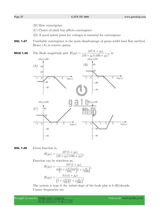 Page 27 GATE EE 2006 www.gatehelp.com
Brought to you by: Nodia and Company Visit us at: www.nodia.co.in
PUBLISHING FOR GATE
(B) Slow convergence
(C) Choice of slack bus affects convergence
(D) A good initial guess for voltages is essential for convergence
SOL 1.47 Unreliable convergence is the main disadvantage of gauss seidel load flow method.
Hence (A) is correct option.
MCQ 1.48 The Bode magnitude plot ( )
( )( )
( )
H j
j j
j
10 100
10 1
2
4
ω
ω ω
ω
=
+ +
+
is
SOL 1.48 Given function is,
( )H jω
( )( )
( )
j j
j
10 100
10 1
2
4
ω ω
ω
=
+ +
+
Function can be rewritten as,
( )H jω
( )
j j
j
10 1
10
10 1
100
10 1
4 2
4
ω ω
ω
=
+ +
+
9 9C C
( )H jω
. ( )
j j
j
1
10
1
100
0 1 1
2ω ω
ω
=
+ +
+
a ak k
The system is type 0, So, initial slope of the bode plot is 0 dB/decade.
Corner frequencies are
 