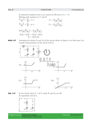 Page 32 GATE EE 2006 www.gatehelp.com
Brought to you by: Nodia and Company Visit us at: www.nodia.co.in
PUBLISHING FOR GATE
In balanced condition there is no current in CD arm so V VC D=
Writing node equation at C and D
R
V V
R
V 0C C
1 3
&− + = V V
R R
R
C
1 3
3
=
+b l
R
V V
R
V 0D
2
0
4
&− + = V V
R R
R
D
2 4
4
=
+b l
SoV
R R
R
1 3
3
+b l V
R R
R
2 4
4
=
+b l
R R R R2 3 3 4+ R R R R1 4 3 4= +
R1 /R R R2 3 4=
MCQ 1.57 Assuming the diodes D1 and D2 of the circuit shown in figure to be ideal ones, the
transfer characteristics of the circuit will be
SOL 1.57 In the circuit when 10V <i V, both D1 and D2 are off.
So equivalent circuit is,
 