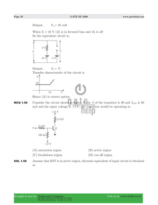 Page 33 GATE EE 2006 www.gatehelp.com
Brought to you by: Nodia and Company Visit us at: www.nodia.co.in
PUBLISHING FOR GATE
Output, 10Vo = volt
When 10V >i V (D1 is in forward bias and D2 is off
So the equivalent circuit is,
Output, V Vo i=
Transfer characteristic of the circuit is
Hence (A) is correct option.
MCQ 1.58 Consider the circuit shown in figure. If the β of the transistor is 30 and ICBO is 20
mA and the input voltage is 5 V+ , the transistor would be operating in
(A) saturation region (B) active region
(C) breakdown region (D) cut-off region
SOL 1.58 Assume that BJT is in active region, thevenin equivalent of input circuit is obtained
as
 