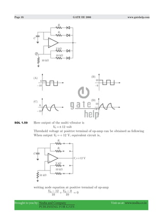 Page 35 GATE EE 2006 www.gatehelp.com
Brought to you by: Nodia and Company Visit us at: www.nodia.co.in
PUBLISHING FOR GATE
SOL 1.59 Here output of the multi vibrator is
12V0 != volt
Threshold voltage at positive terminal of op-amp can be obtained as following
When output 12V0 =+ V, equivalent circuit is,
writing node equation at positive terminal of op-amp
V V
10
12
10
0th th− + − 0=
 