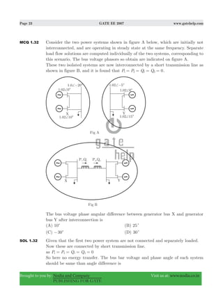 Page 23 GATE EE 2007 www.gatehelp.com
Brought to you by: Nodia and Company Visit us at: www.nodia.co.in
PUBLISHING FOR GATE
MCQ 1.32 Consider the two power systems shown in figure A below, which are initially not
interconnected, and are operating in steady state at the same frequency. Separate
load flow solutions are computed individually of the two systems, corresponding to
this scenario. The bus voltage phasors so obtain are indicated on figure A.
These two isolated systems are now interconnected by a short transmission line as
shown in figure B, and it is found that P P Q Q 01 2 1 2= = = = .
The bus voltage phase angular difference between generator bus X and generator
bus Y after interconnection is
(A) 10c (B) 25c
(C) 30c− (D) 30c
SOL 1.32 Given that the first two power system are not connected and separately loaded.
Now these are connected by short transmission line.
as P P Q Q 01 2 1 2= = = =
So here no energy transfer. The bus bar voltage and phase angle of each system
should be same than angle difference is
 