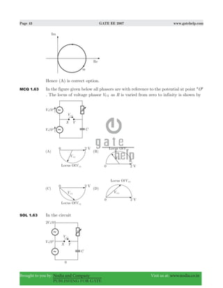 Page 43 GATE EE 2007 www.gatehelp.com
Brought to you by: Nodia and Company Visit us at: www.nodia.co.in
PUBLISHING FOR GATE
Hence (A) is correct option.
MCQ 1.63 In the figure given below all phasors are with reference to the potential at point '' ''O
. The locus of voltage phasor VYX as R is varied from zero to infinity is shown by
SOL 1.63 In the circuit
 