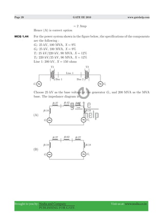 Page 29 GATE EE 2010 www.gatehelp.com
Brought to you by: Nodia and Company Visit us at: www.nodia.co.in
PUBLISHING FOR GATE
2= Amp
Hence (A) is correct option
MCQ 1.44 For the power system shown in the figure below, the specifications of the components
are the following :
G1: 25 kV, 100 MVA, %X 9=
G2: 25 kV, 100 MVA, %X 9=
T1: 25 kV/220 kV, 90 MVA, %X 12=
T2: 220 kV/25 kV, 90 MVA, %X 12=
Line 1: 200 kV, X 150= ohms
Choose 25 kV as the base voltage at the generator G1, and 200 MVA as the MVA
base. The impedance diagram is
 