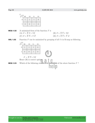 Page 36 GATE EE 2010 www.gatehelp.com
Brought to you by: Nodia and Company Visit us at: www.nodia.co.in
PUBLISHING FOR GATE
MCQ 1.52 A minimized form of the function F is
(A) F X Y YZ= + (B) F X Y YZ= +
(C) F X Y Y Z= + (D) F X Y Y Z= +
SOL 1.52 Function F can be minimized by grouping of all 1’s in K-map as following.
F X Y YZ= +
Hence (B) is correct option.
MCQ 1.53 Which of the following circuits is a realization of the above function F ?
 