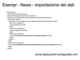 Esempi - News - importazione dei dati
 <object-param>
  <name>ACME News data</name>
  <description>Deployment Descriptor</description>
  <object type="org.exoplatform.services.deployment.DeploymentDescriptor">
   <field name="target">
    <object type="org.exoplatform.services.deployment.DeploymentDescriptor$Target">
      <field name="repository">
        <string>repository</string>
      </field>
      <field name="workspace">
        <string>collaboration</string>
      </field>
      <field name="nodePath">
        <string>/sites content/live/acme/web contents/site artifacts</string>
      </field>
    </object>
   </field>
   <field name="sourcePath">
    <string>war:/conf/sample-portal/wcm/artifacts/site-resources/acme/News.xml</string>
   </field>
  </object>



                                             acme-deployment-configuration.xml
 